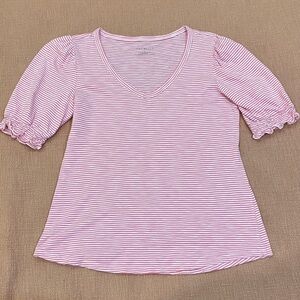 Talbots modal / cotton blend Pink & White Striped V-Neck puff sleeve knit top